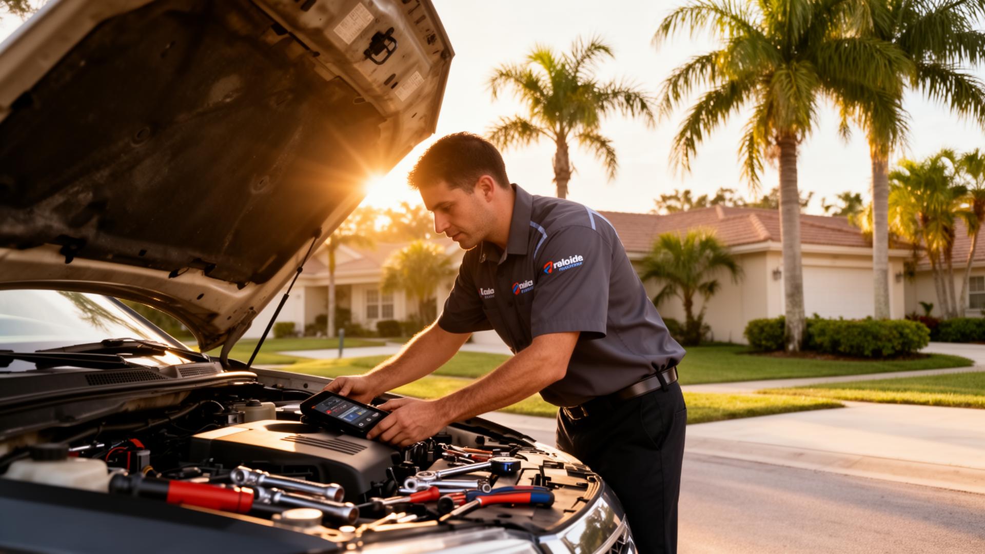 Mobile mechanic replacing a car battery in a driveway in Cincinnati, Ohio